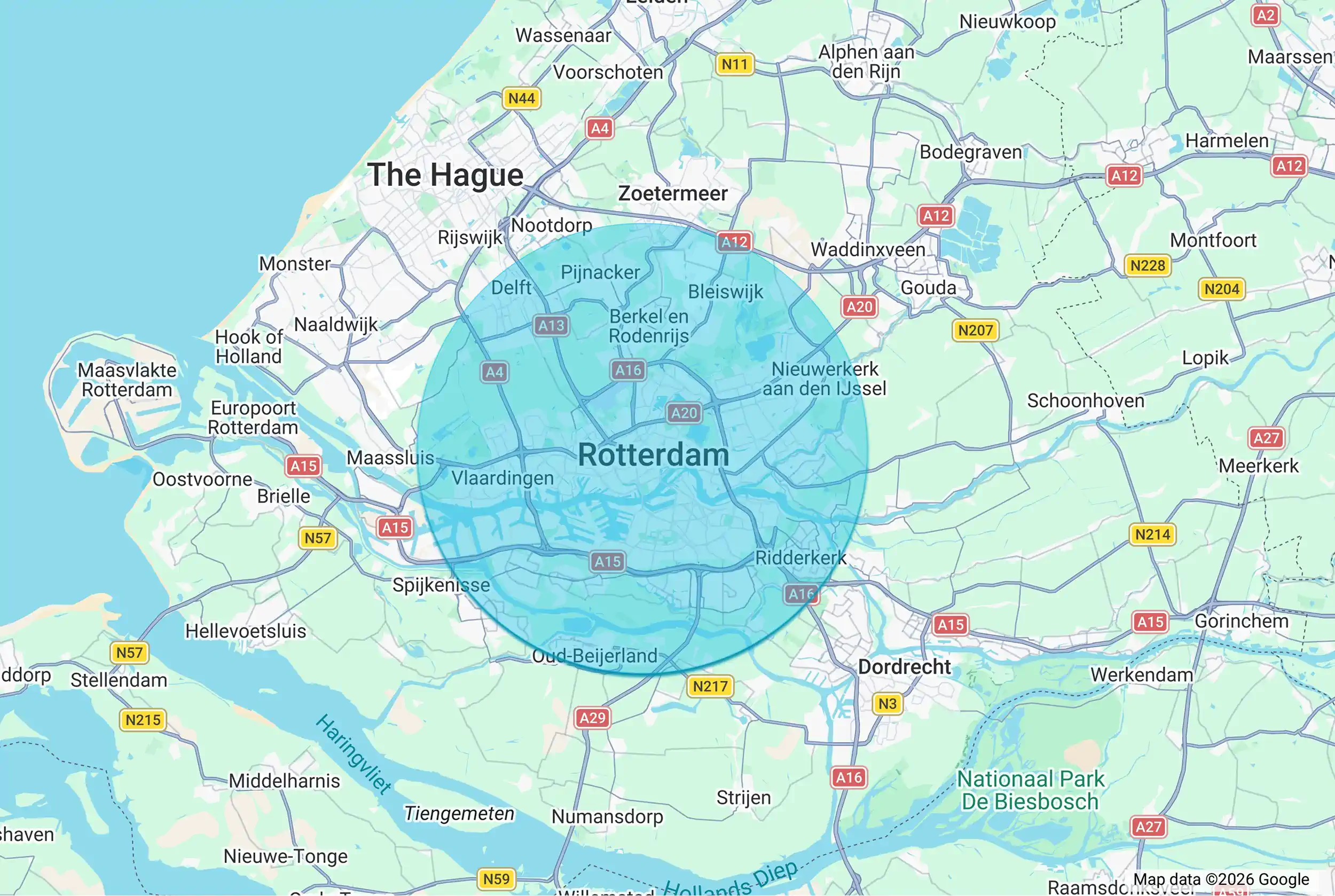 Kaart van het servicegbied van Rijschool EnjoyRiding rond Rotterdam, Den Haag en omliggende steden