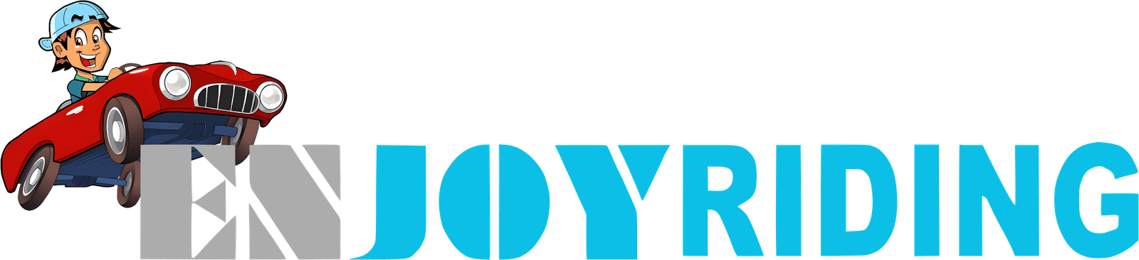 Logo van rijschool EnjoyRiding met cartoon automobilist in rode auto en blauwe tekst