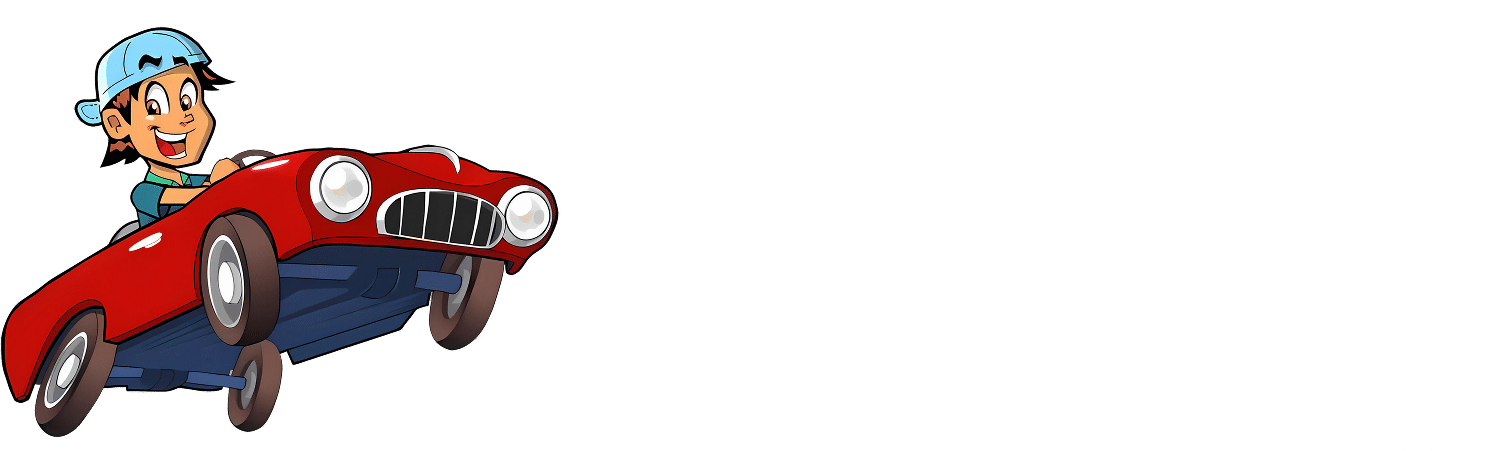 Vrolijke cartoon jongen rijdt in rode auto voor rijschool EnjoyRiding logo